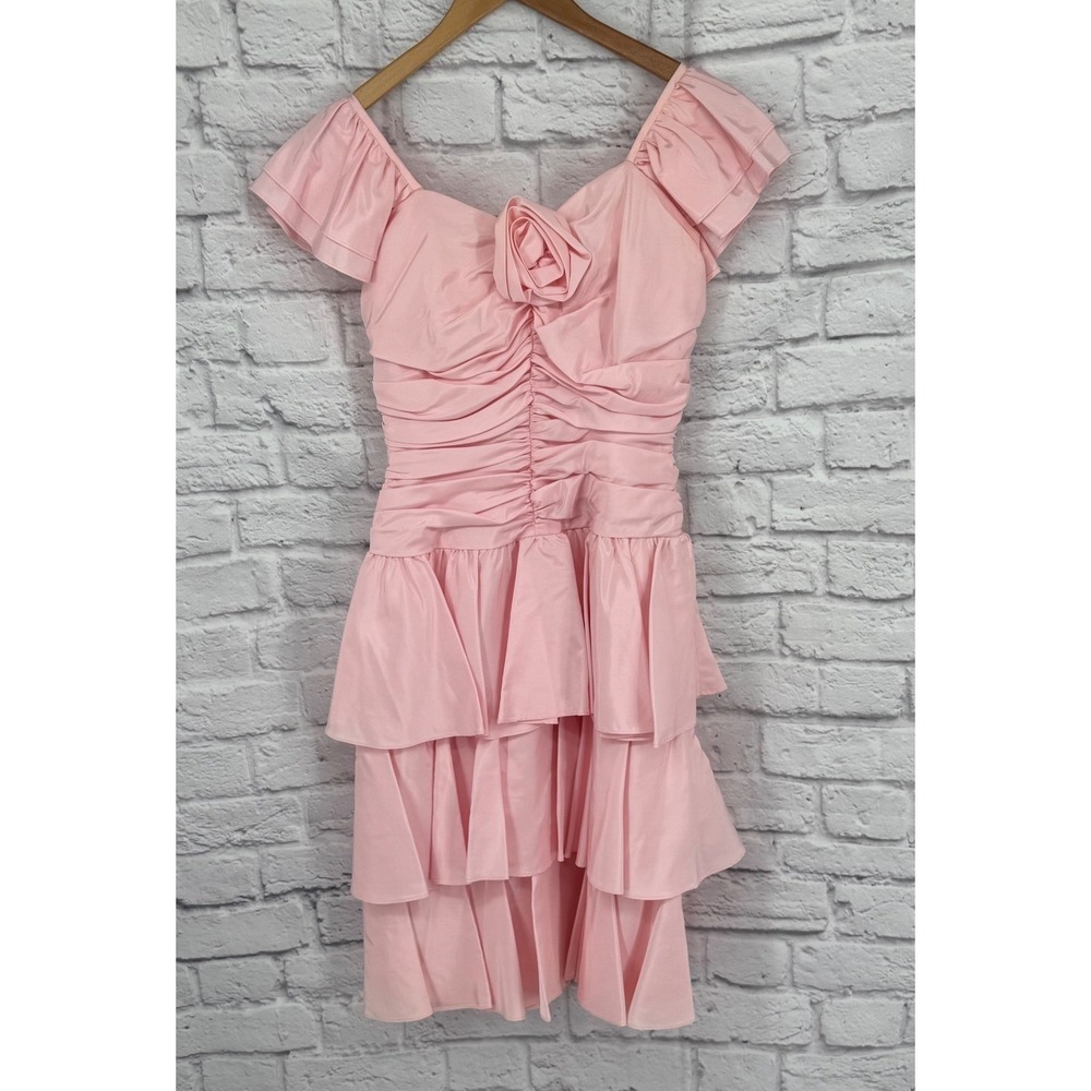 Vintage Nadine Pink Ruffle Mini‎ Dress Rosette Off Shoulder Coquette Balletcore